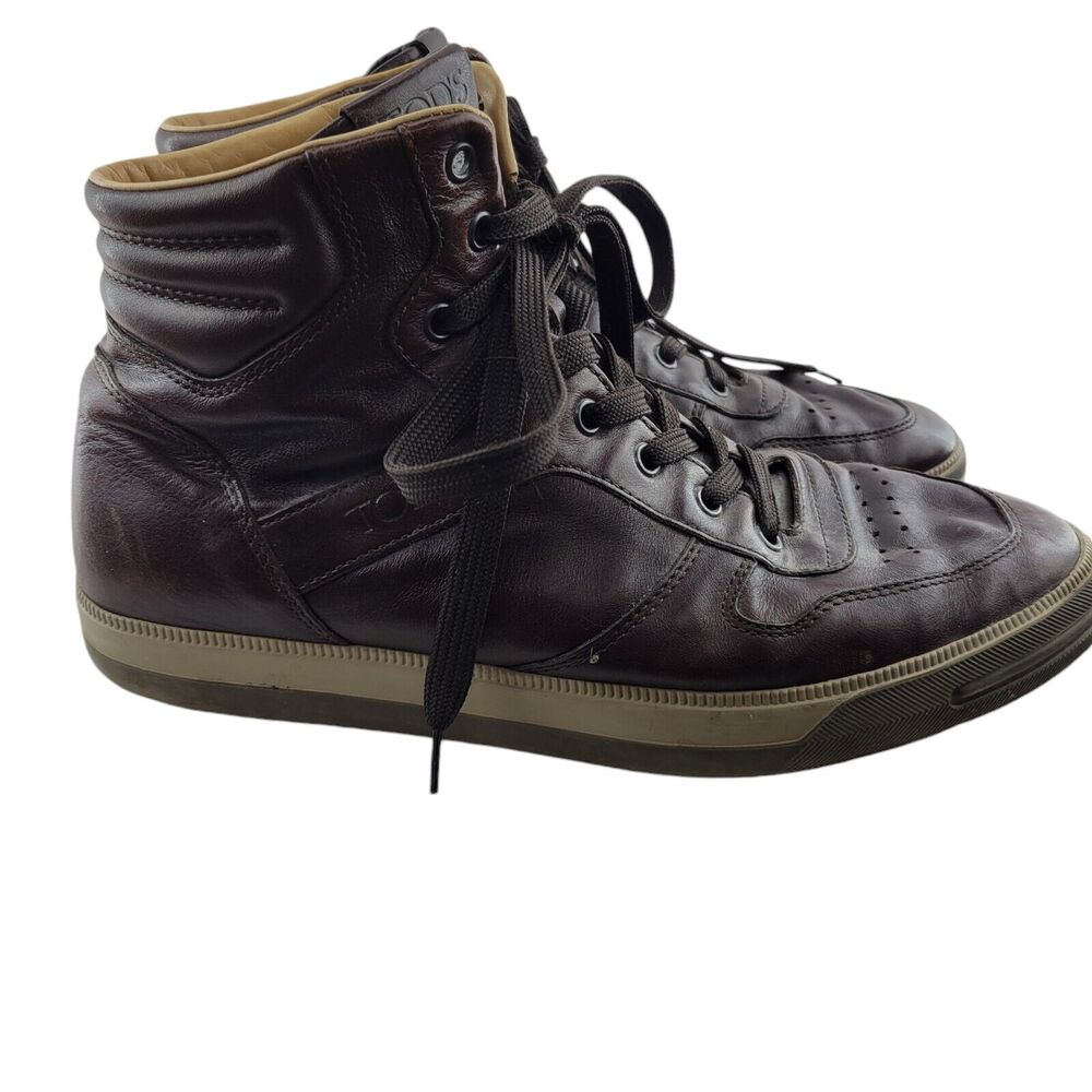 Tod's Leather High Top Sneakers Mens 8 Dark Brown Lace Up‎ Luxury Quality Italy